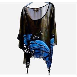 Colleen Lopez Sheer Black Tunic with Blue Butterfly Print and Asym Hem 3XL New